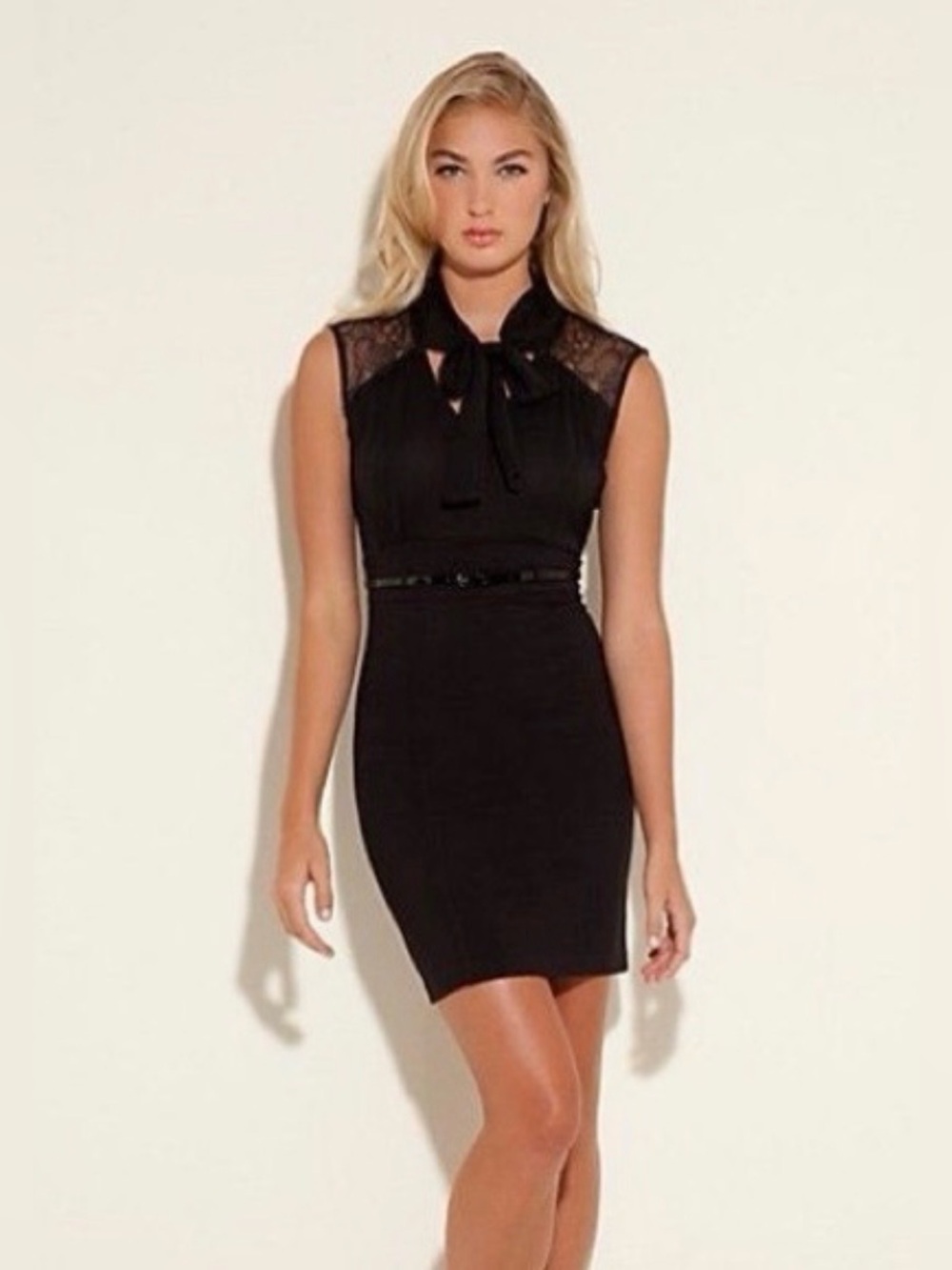 Guess Black Lace-Shoulder Sheath Dress small